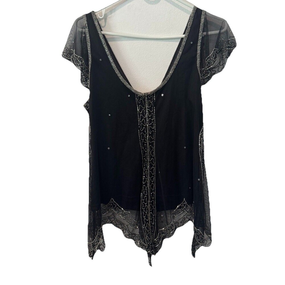 Vtg Y2K Scala Black Sheer Mesh Beaded Silver Sequin Cap Sleeve Top M Whimsigoth - Picture 12 of 12